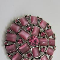 Vintage Pink Rhinestone Satin Glass Cabochon Brooch