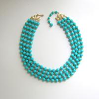 Vintage Four Strand Aqua Bead Necklace
