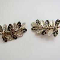 Vtg Silver Black Enamel Leaf Earrings
